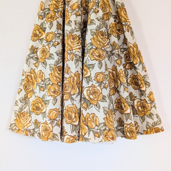 Beige A-Line Basque Waist Midi Skirt with Mustard Yellow Roses - Has Pockets XS - Picture 4 of 11